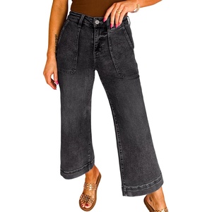 image:imageAstylish Womens 2026 Stretchy Wide Leg High Waisted Jeans Tummy Control Casual Cropped Ankle Denim PantsY Dark Grey