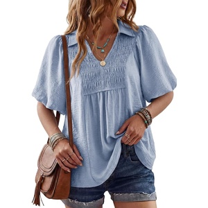 image:imageAstylish Womens Dressy Smocked V Neck Babydoll Peplum Tops Summer Puff Sleeve Cute Elegant Ruffle Blouse ShirtBeau Blue