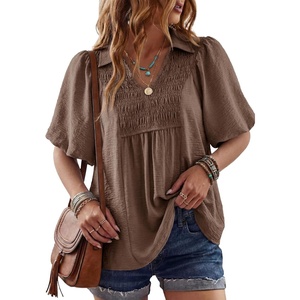 image:imageAstylish Womens Dressy Smocked V Neck Babydoll Peplum Tops Summer Puff Sleeve Cute Elegant Ruffle Blouse ShirtCoffee