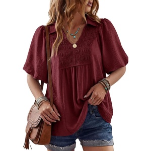image:imageAstylish Womens Dressy Smocked V Neck Babydoll Peplum Tops Summer Puff Sleeve Cute Elegant Ruffle Blouse ShirtRed Dahlia