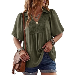 image:imageAstylish Womens Dressy Smocked V Neck Babydoll Peplum Tops Summer Puff Sleeve Cute Elegant Ruffle Blouse ShirtVineyard Green