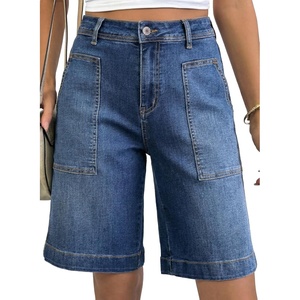 image:imageAstylish Womens High Waisted Wide Leg Denim Shorts Stretchy Trendy Utility Jorts Oversized Patch Pockets Bermuda Jean ShortBeau Blue