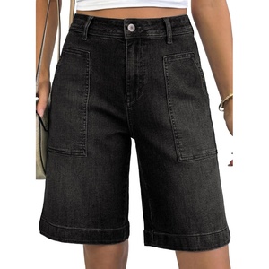image:imageAstylish Womens High Waisted Wide Leg Denim Shorts Stretchy Trendy Utility Jorts Oversized Patch Pockets Bermuda Jean ShortBlack