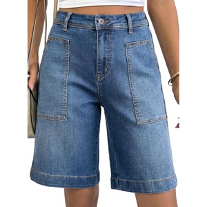 image:imageAstylish Womens High Waisted Wide Leg Denim Shorts Stretchy Trendy Utility Jorts Oversized Patch Pockets Bermuda Jean ShortSky Blue