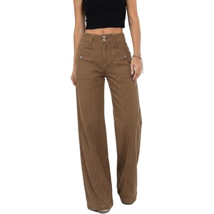 image:imageAstylish Womens Wide Leg Jeans High Waisted Double Buttons Stretchy Straight Leg Jean Trendy Denim Pants Big PocketsBrown