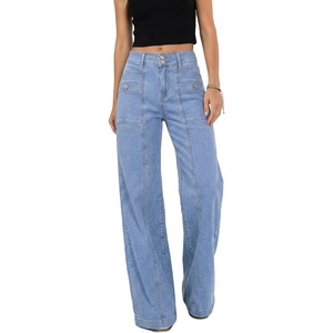 image:imageAstylish Womens Wide Leg Jeans High Waisted Double Buttons Stretchy Straight Leg Jean Trendy Denim Pants Big PocketsLight Blue