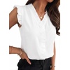 image:imageAstylish Womens 2026 Floral Chiffon Blouses V Neck Ruffle Sleeve Fitted Tops Boho Chic Tank ShirtsY Solid White