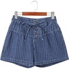 image:imageAstylish Womens High Waisted Shorts Jean Stretchy Casual Fashion Trendy Striped Button Front Denim ShortsBluing