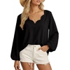 image:imageAstylish Womens Scalloped V Neck Ruffle Blouse Lantern Sleeves Tops Chiffon Office Work Trendy Dressy Blouses ShirtsBlack