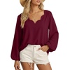 image:imageAstylish Womens Scalloped V Neck Ruffle Blouse Lantern Sleeves Tops Chiffon Office Work Trendy Dressy Blouses ShirtsBurgundy