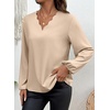 image:imageAstylish Womens Scalloped V Neck Ruffle Blouse Lantern Sleeves Tops Chiffon Office Work Trendy Dressy Blouses ShirtsKhaki