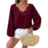 image:imageAstylish Womens Scalloped V Neck Ruffle Blouse Lantern Sleeves Tops Chiffon Office Work Trendy Dressy Blouses ShirtsBurgundy