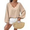 image:imageAstylish Womens Scalloped V Neck Ruffle Blouse Lantern Sleeves Tops Chiffon Office Work Trendy Dressy Blouses ShirtsKhaki