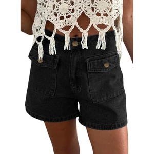 image:imageAstylish Womens Casual Jean Shorts High Waisted Flap Cargo Pockets Denim Shorts Stretchy Summer Hot Short JortsBlack