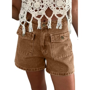 image:imageAstylish Womens Casual Jean Shorts High Waisted Flap Cargo Pockets Denim Shorts Stretchy Summer Hot Short JortsBrown