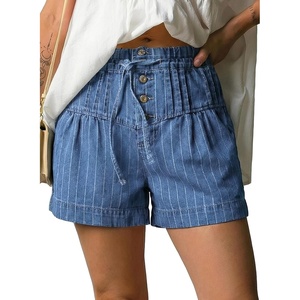 image:imageAstylish Womens High Waisted Shorts Jean Stretchy Casual Fashion Trendy Striped Button Front Denim ShortsAshleigh Blue