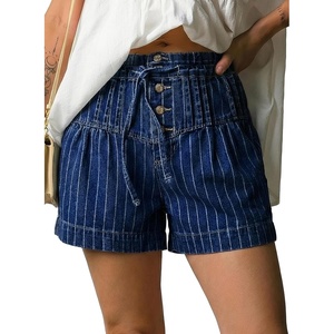 image:imageAstylish Womens High Waisted Shorts Jean Stretchy Casual Fashion Trendy Striped Button Front Denim ShortsNavy Blue