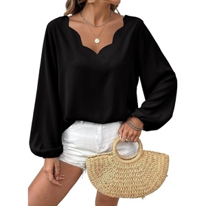 image:imageAstylish Womens Scalloped V Neck Ruffle Blouse Lantern Sleeves Tops Chiffon Office Work Trendy Dressy Blouses ShirtsBlack