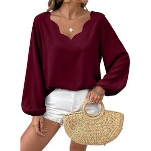 image:imageAstylish Womens Scalloped V Neck Ruffle Blouse Lantern Sleeves Tops Chiffon Office Work Trendy Dressy Blouses ShirtsBurgundy