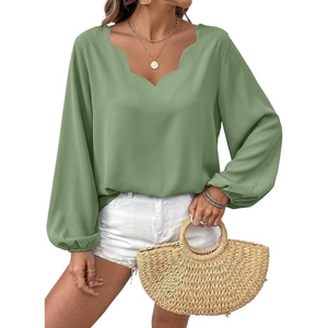 image:imageAstylish Womens Scalloped V Neck Ruffle Blouse Lantern Sleeves Tops Chiffon Office Work Trendy Dressy Blouses ShirtsGrass Green