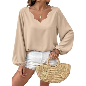 image:imageAstylish Womens Scalloped V Neck Ruffle Blouse Lantern Sleeves Tops Chiffon Office Work Trendy Dressy Blouses ShirtsKhaki