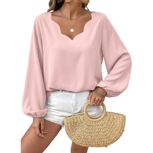 image:imageAstylish Womens Scalloped V Neck Ruffle Blouse Lantern Sleeves Tops Chiffon Office Work Trendy Dressy Blouses ShirtsPink