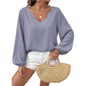 image:imageAstylish Womens Scalloped V Neck Ruffle Blouse Lantern Sleeves Tops Chiffon Office Work Trendy Dressy Blouses ShirtsSky Blue