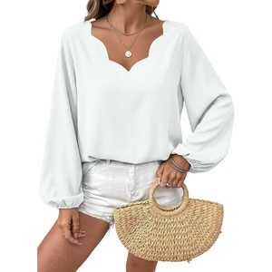 image:imageAstylish Womens Scalloped V Neck Ruffle Blouse Lantern Sleeves Tops Chiffon Office Work Trendy Dressy Blouses ShirtsWhite