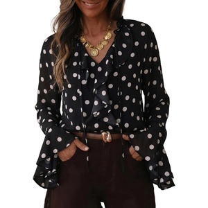 image:imageAstylish Womens Polka Dot Long Sleeve Blouse with Tie Neck Business Casual TopBlack