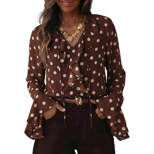 image:imageAstylish Womens Polka Dot Long Sleeve Blouse with Tie Neck Business Casual TopCoffee