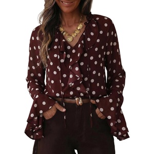 image:imageAstylish Womens Polka Dot Long Sleeve Blouse with Tie Neck Business Casual TopRed