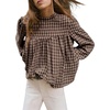image:imageAstylish Womens Long Sleeve Gingham Tops Mock Neck Plaid Babydoll Tops 2026 Loose Flowy Blouses ShirtsBrown