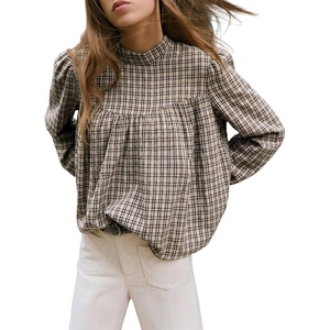 image:imageAstylish Womens Long Sleeve Gingham Tops Mock Neck Plaid Babydoll Tops 2026 Loose Flowy Blouses ShirtsBlack