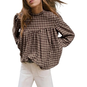 image:imageAstylish Womens Long Sleeve Gingham Tops Mock Neck Plaid Babydoll Tops 2026 Loose Flowy Blouses ShirtsBrown