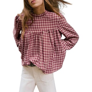 image:imageAstylish Womens Long Sleeve Gingham Tops Mock Neck Plaid Babydoll Tops 2026 Loose Flowy Blouses ShirtsCoral