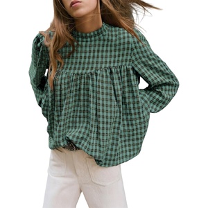 image:imageAstylish Womens Long Sleeve Gingham Tops Mock Neck Plaid Babydoll Tops 2026 Loose Flowy Blouses ShirtsDark Green