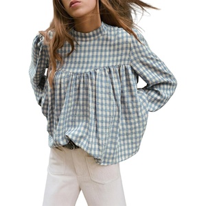 image:imageAstylish Womens Long Sleeve Gingham Tops Mock Neck Plaid Babydoll Tops 2026 Loose Flowy Blouses ShirtsLight Blue