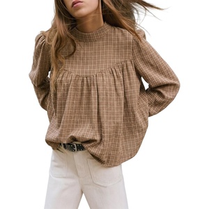 image:imageAstylish Womens Long Sleeve Gingham Tops Mock Neck Plaid Babydoll Tops 2026 Loose Flowy Blouses ShirtsLight Brown