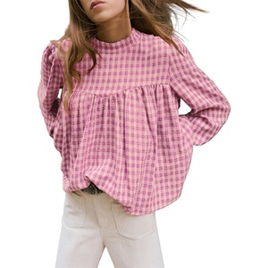 image:imageAstylish Womens Long Sleeve Gingham Tops Mock Neck Plaid Babydoll Tops 2026 Loose Flowy Blouses ShirtsRose Red