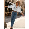 image:imageAstylish Women 2026 Loose Fit Tops Cotton Linen Button Down Shirts Collared Roll Up Long Sleeve V Neck BlousesY White Floral
