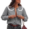 image:imageAstylish Womens Gingham Tops Lace Collar Elegant Blouses Long Sleeve Button Down ShirtsBlack