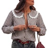 image:imageAstylish Womens Gingham Tops Lace Collar Elegant Blouses Long Sleeve Button Down ShirtsCoffee
