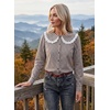 image:imageAstylish Womens Gingham Tops Lace Collar Elegant Blouses Long Sleeve Button Down ShirtsCoffee