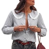 image:imageAstylish Womens Gingham Tops Lace Collar Elegant Blouses Long Sleeve Button Down ShirtsGray