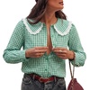 image:imageAstylish Womens Gingham Tops Lace Collar Elegant Blouses Long Sleeve Button Down ShirtsGreen