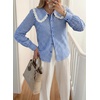 image:imageAstylish Womens Gingham Tops Lace Collar Elegant Blouses Long Sleeve Button Down ShirtsNavy Blue