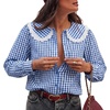 image:imageAstylish Womens Gingham Tops Lace Collar Elegant Blouses Long Sleeve Button Down ShirtsNavy Blue
