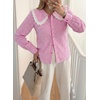 image:imageAstylish Womens Gingham Tops Lace Collar Elegant Blouses Long Sleeve Button Down ShirtsPink