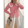 image:imageAstylish Womens Gingham Tops Lace Collar Elegant Blouses Long Sleeve Button Down ShirtsRed