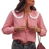 image:imageAstylish Womens Gingham Tops Lace Collar Elegant Blouses Long Sleeve Button Down ShirtsRed